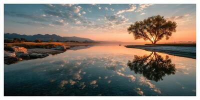 Serene sunset over tranquil water reflects majestic clouds and tree in peaceful landscape setting photo
