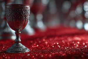 Elegant silver goblet on a sparkling red tablecloth at a festive gathering during evening celebrations photo