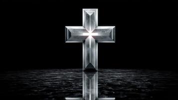 Crystal cross glowing in darkness with reflective surface creating a serene atmosphere for spiritual reflection photo