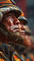 Soldiers stand proudly in heavy rain during a military parade showcasing their dedication and discipline in the early morning photo