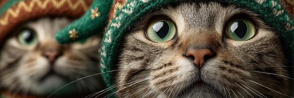 Cute cats wearing festive hats pose for a fun holiday portrait in a cozy indoor setting photo