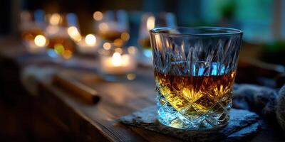 Glass of whiskey sits on wooden table with glowing candles in the background creating a cozy atmosphere during evening relaxation photo