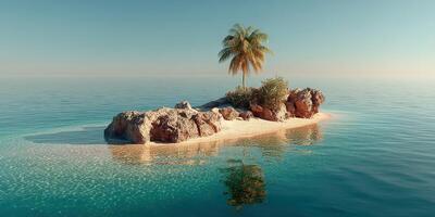 Tropical island with palm trees surrounded by clear blue water on a calm day photo