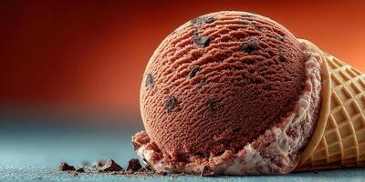 Rich chocolate chip ice cream scoop melting in a cone against a vibrant backdrop photo