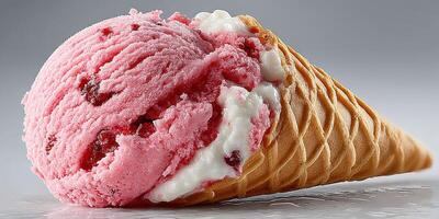 Delicious scoop of strawberry ice cream nestled in a waffle cone on a smooth surface photo