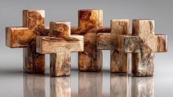 Decorative wooden crosses in various sizes arranged on a reflective surface highlighting natural textures and patterns photo
