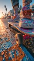 Skateboarder cruising along a vibrant boardwalk at sunset with colorful sneakers photo