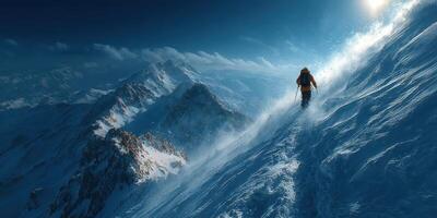 Climber ascends snowy mountain in a breathtaking landscape during a bright winter day photo