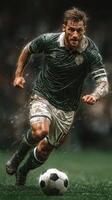 Intense soccer match in pouring rain with a determined player sprinting towards the ball photo