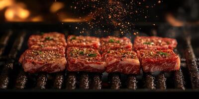 Grilling seasoned meat on the barbecue during a summer cookout in a backyard setting photo