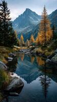 Beautiful autumn landscape with mountains and a reflective stream in the peaceful wilderness at sunset photo