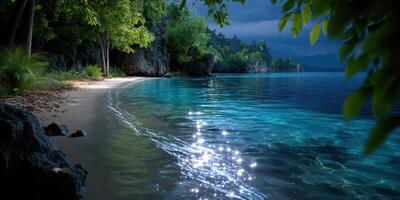 Serene coastal landscape at twilight with gentle waves and lush greenery reflecting on calm waters photo