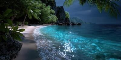 Serene tropical beach with clear turquoise waters and lush greenery at dusk photo