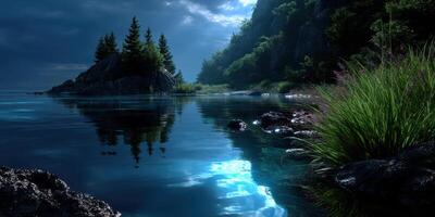 Tranquil night scene by the water with moonlight reflecting on calm surface near forested shoreline photo