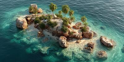 Tropical island paradise with crystal clear waters and lush palm trees in a serene coastal setting photo