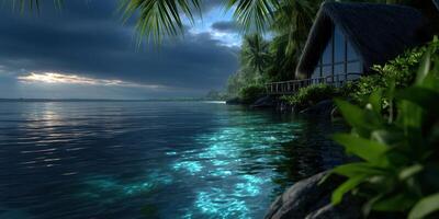 Serene beachfront bungalow under a moody sky at twilight with reflections on calm water photo