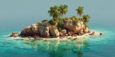 Scenic tropical island with lush palm trees and clear blue water during bright daylight photo