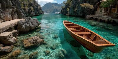 Crystal clear waters and a wooden boat in a serene lagoon surrounded by rocky cliffs photo