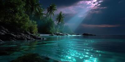 Serene tropical beach under moonlight with shimmering water and palm trees photo