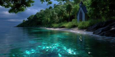 Coastal landscape with clear turquoise water by a serene beach and forested shore at twilight photo