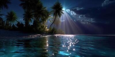Serene night beach landscape with palm trees and moonlight reflecting on calm water photo