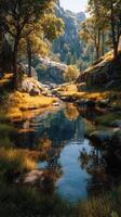 Scenic riverside view showcasing lush greenery and tranquil water during golden hour in a serene landscape photo