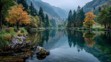 Serene autumn landscape with colorful trees reflecting in calm lake surrounded by mountains at dawn photo