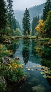 Stunning reflection of trees and autumn foliage on a serene lake in a mountainous forest landscape photo