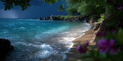 Serene coastline with gentle waves and vibrant tropical flora at sunset photo