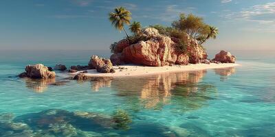 Tropical island with clear turquoise waters and lush vegetation in a serene seascape during golden hour photo