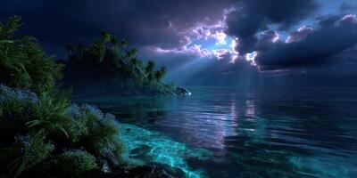 Serene tropical landscape showcasing calm waters and radiant clouds at twilight photo