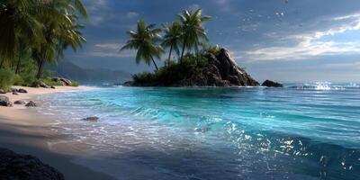 Tranquil beach landscape with palm trees and gentle waves at twilight under a colorful sky photo