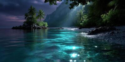 Calm tropical bay at night with glowing water and palm trees under dramatic clouds photo