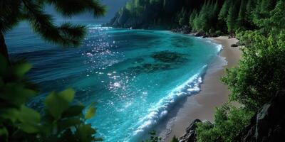Relaxing coastal view with turquoise waves lapping on sandy beach surrounded by lush greenery photo