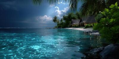 Serene shoreline at night with glowing water, palms, and tropical cottages under a starry sky photo
