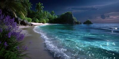 Serene tropical beach at night with calm waves and lush greenery under a starry sky photo
