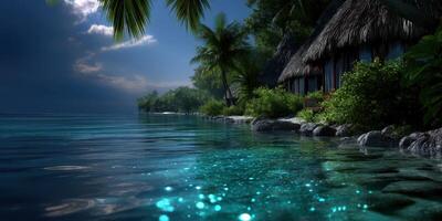 Serene tropical lagoon with palmed cottages and crystal clear water near the shore at twilight photo
