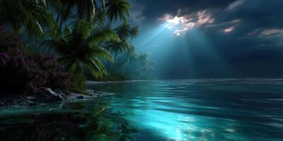 Serene tropical landscape featuring palm trees and shimmering water under a cloudy sky at dusk photo