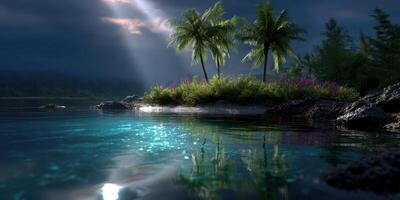 Serenity of a tropical island under the moonlight with palm trees and calm waters reflecting the sky photo