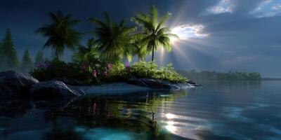 Majestic tropical island illuminated by sunlight in tranquil waters during early morning photo