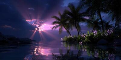 Serene sunset over calm water reflecting lush vegetation and vibrant sky photo
