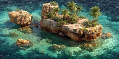 Beautiful tropical island rock formation surrounded by clear turquoise water in a serene ocean photo