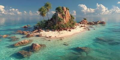 Serene tropical island with clear turquoise waters and lush palm trees under vibrant skies photo