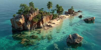 Tropical island surrounded by clear blue water with rocky formations and vibrant greenery during daytime photo