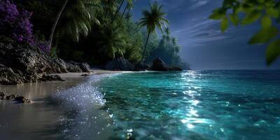 Tranquil night at a tropical beach with clear water and swaying palm trees under the moonlight photo