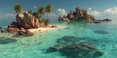 Tranquil island paradise with clear turquoise waters and gentle palm trees during a sunny day photo