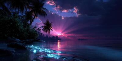 Majestic sunset over tranquil ocean with palm trees and colorful sky at a serene beach location photo