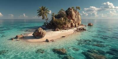 Beautiful tropical island with clear turquoise waters and rocky shores under a bright sky photo