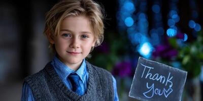 Young boy in stylish attire holding sign of appreciation at a decorated venue during a special event photo