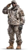 Soldier in desert camouflage attire saluting against a white backdrop during a military training exercise photo